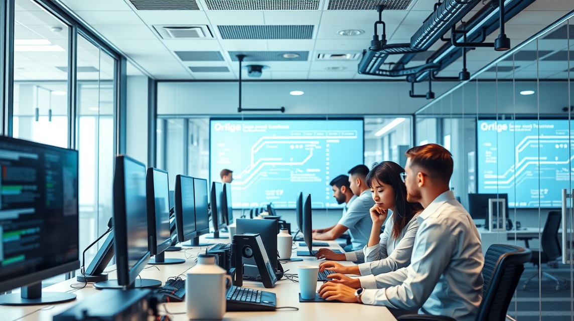 Skupina profesionálov pracuje számítógépeken modern irodai környezetben.