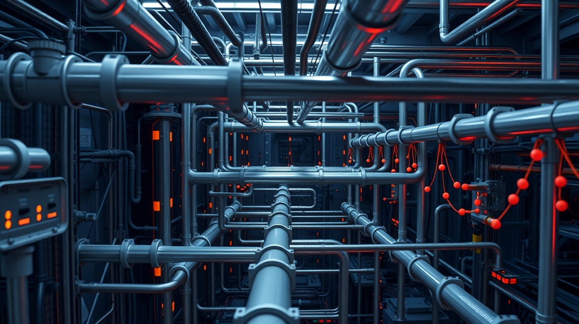 Komplexná sieť kovových rúrok a potrubí v modernom priemyselnom prostredí.