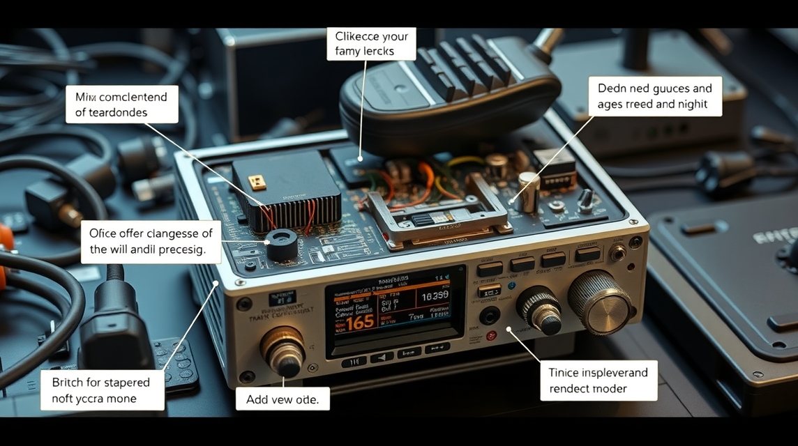 Detailný pohľad na moderné rádio s ovládacími prvkami a pripojenými káblami.