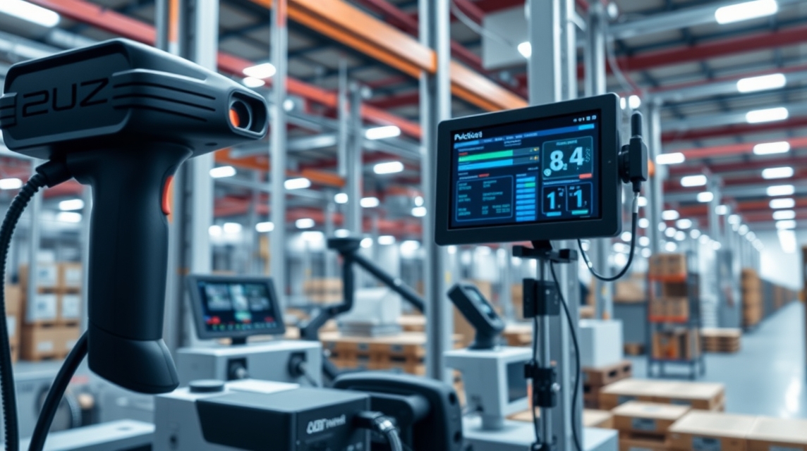 Skenovací zariadenie a monitor v modernom sklade s regálmi.