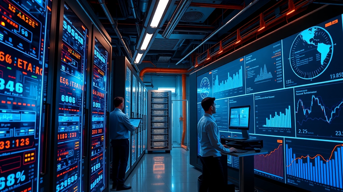 Dva muži dolgozva egy modern adatközpontban, számítógépes képernyők előtt.