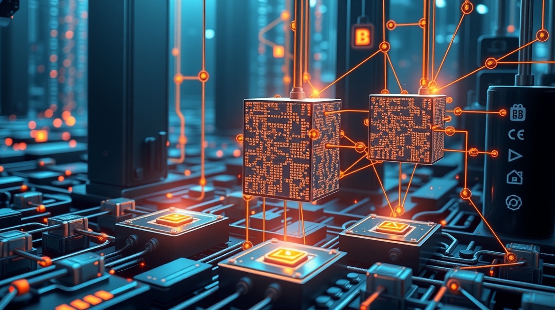 Abstraktná grafika s elektronickými obvodmi a dátovými blokmi.