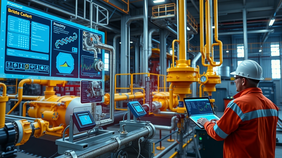 Technik v oranžovej uniforme pracuje na počítači v priemyselnom prostredí s monitorom.