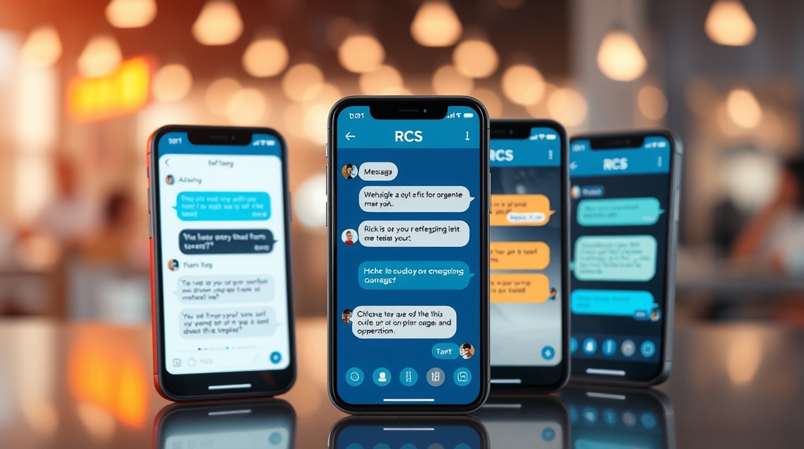 Štyri smartfóny zobrazené na stole s rôznymi textovými správami na obrazovkách.