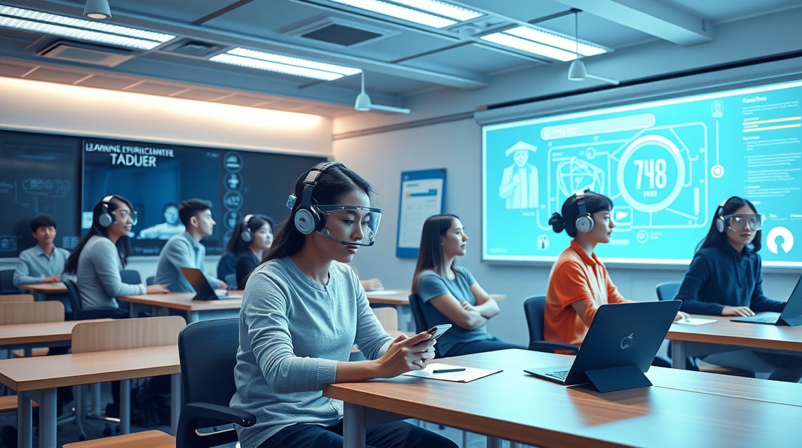 Skupina študentov v modernom učebnom prostredí s headsetmi a laptopmi.