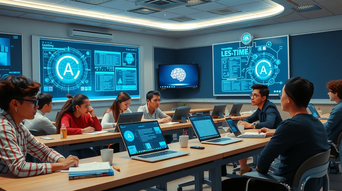 Skupina mladých ľudí sedí pri stoloch s laptopmi v modernom učebnom prostredí.