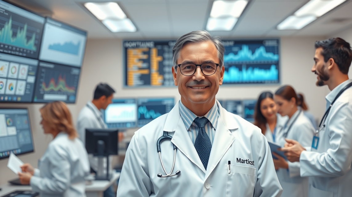 Lekár v bielom plášti sa usmieva pred obrazovkami s grafmi a údajmi.