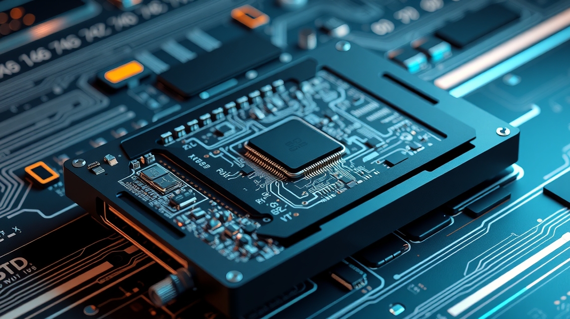 Detailný pohľad na moderný čip na základnej doske s elektronickými obvodmi.