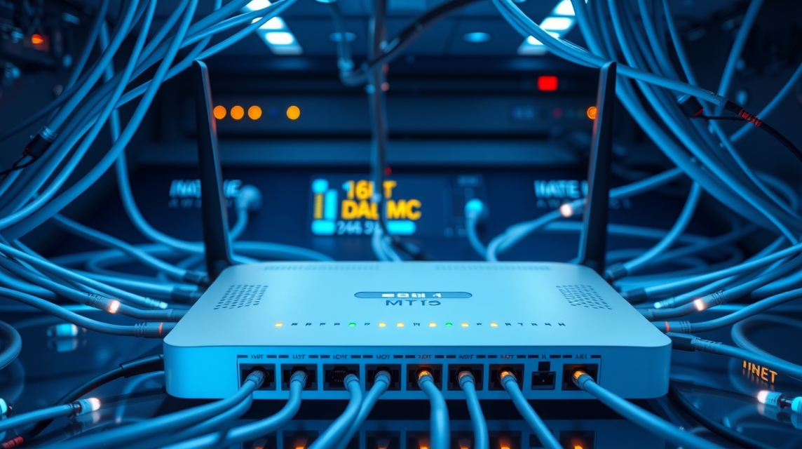 Modem s množstvom pripojených káblov, ktoré zabezpečujú internetové pripojenie.