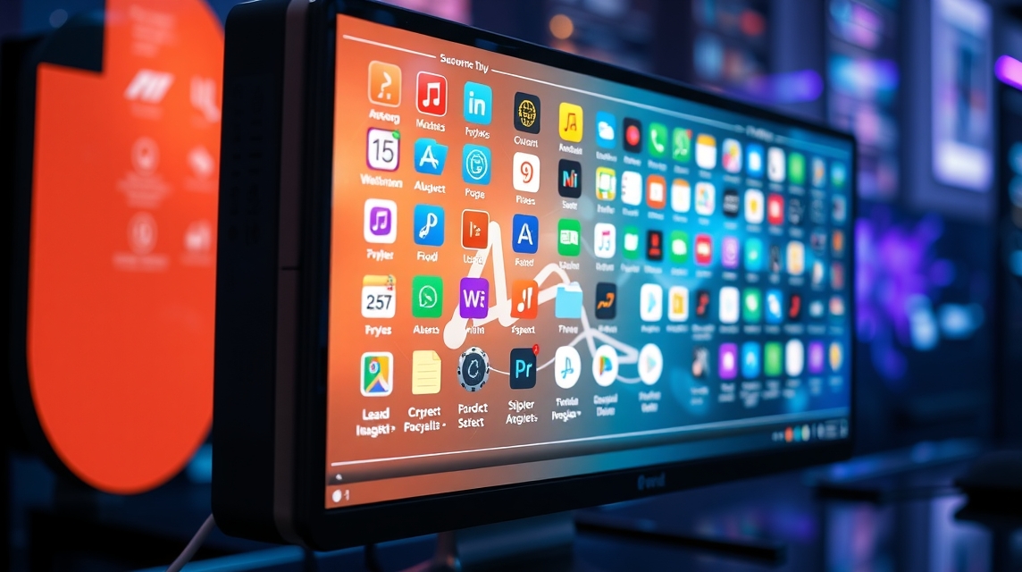 Monitor so zobrazenými rôznymi aplikáciami a ikonami na obrazovke.
