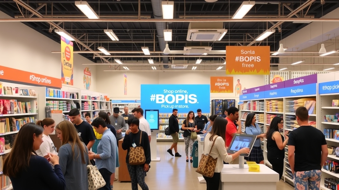 Interiér obchodu s viacerými zákazníkmi a regálmi s produktmi, zameraný na online nákupy.