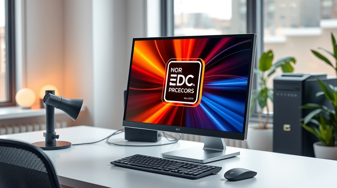 Moderný počítačový monitor s farebným pozadím a logom na stole.