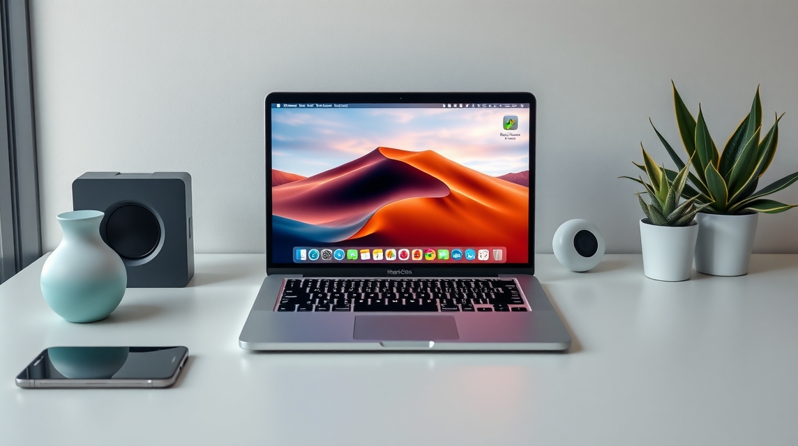 Na stole je moderný laptop s farebným pozadím a dekoratívne rastliny.