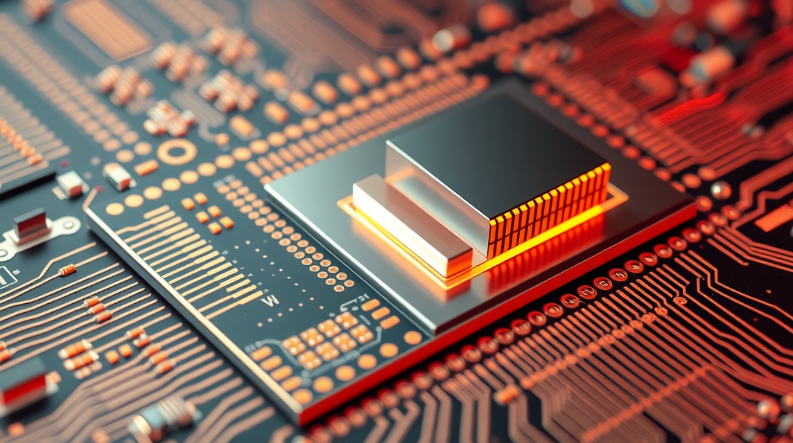 Detailný pohľad na moderný procesor na základnej doske s elektrickými obvodmi.