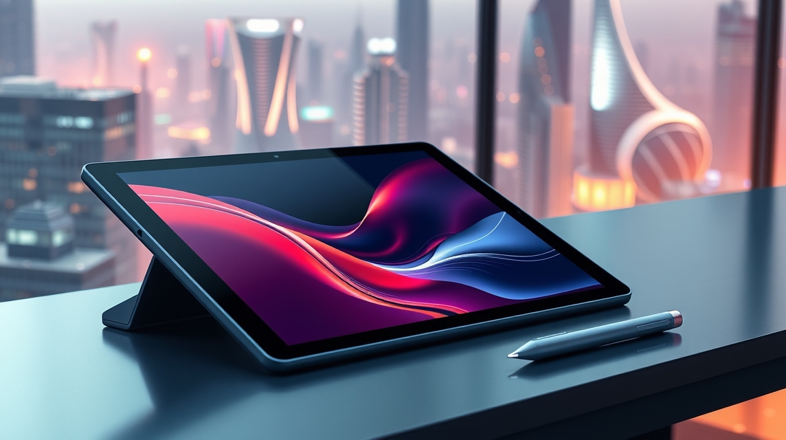 Tablet s farebným displejom na stole, háttérben városképpel.