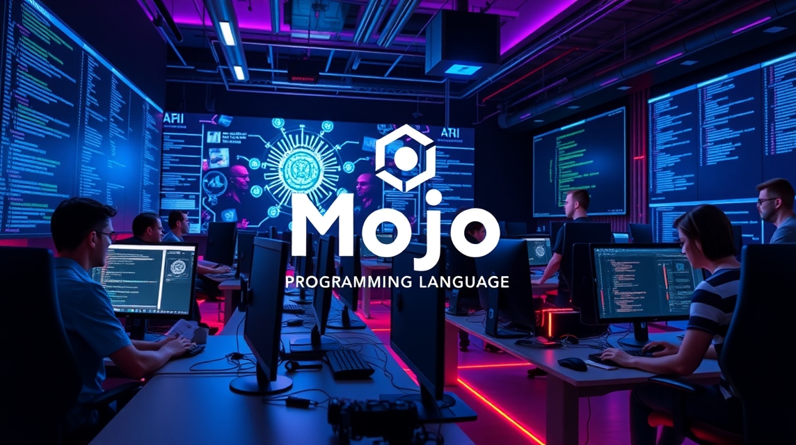 Skupina programátorov dolgozik a Mojo programozási nyelv fejlesztésén modern irodai környezetben.