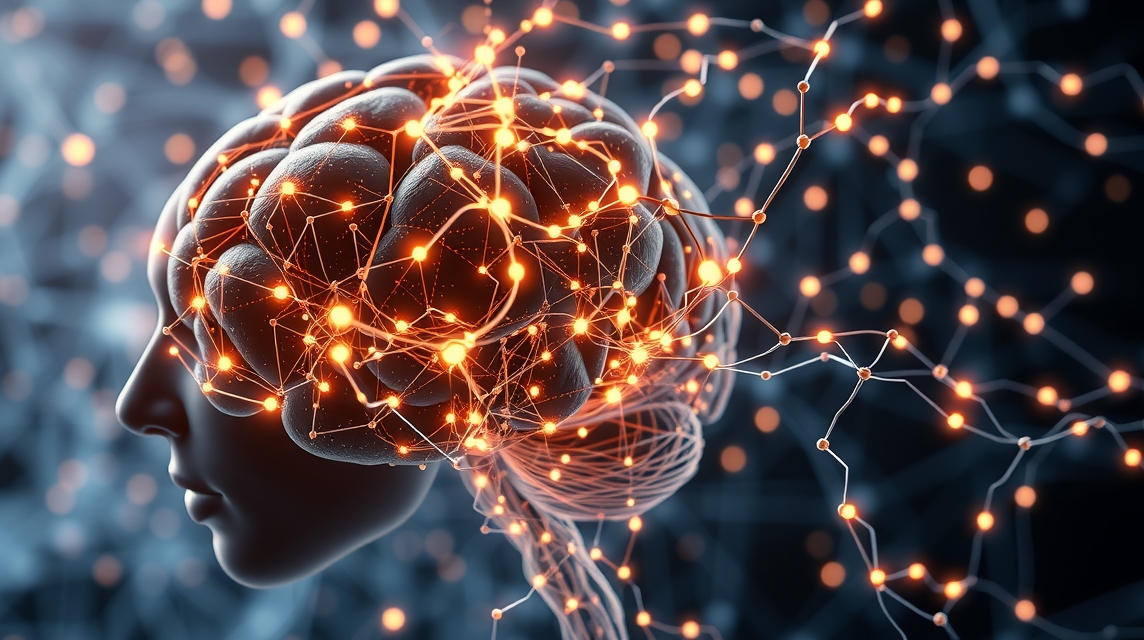 Ilustrácia mozgu s prepojeniami a svetelnými bodmi, symbolizujúca myšlienkové procesy.