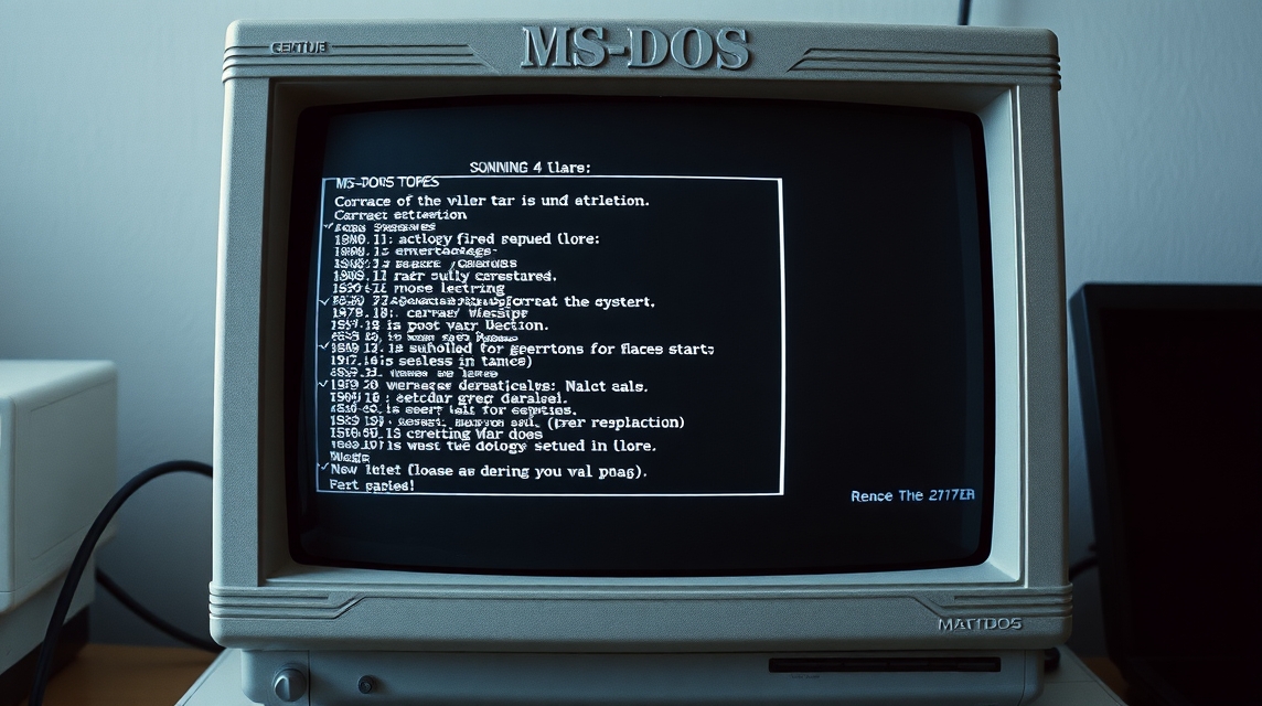 Starý počítačový monitor s MS-DOS képernyőn megjelenő szöveggel.