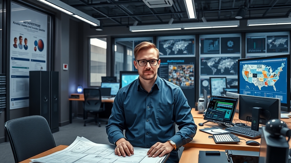 Muž sediaci az pracovnom stole, térképekkel és számítógépekkel körülvéve.