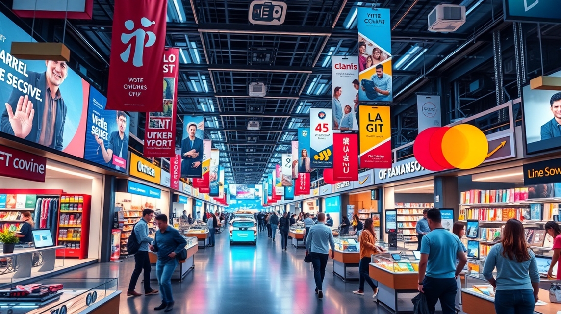 Moderné nákupné centrum s rôznymi obchodmi a reklamnými bannerami.