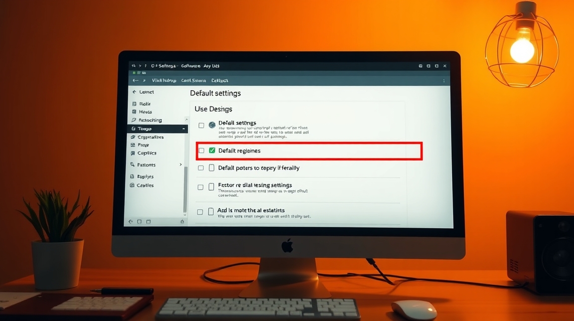 Počítačová obrazovka zobrazuje nastavenia predvolených možností s vyznačenou voľbou.