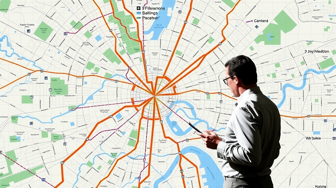 Muž stojí pred mapou mesta, ukazuje na cesty a rieky.