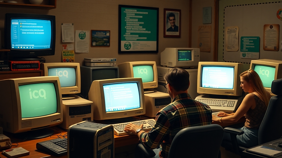 Dva ľudia pracujú na starých počítačoch s obrazovkami, na ktorých je logo ICQ.