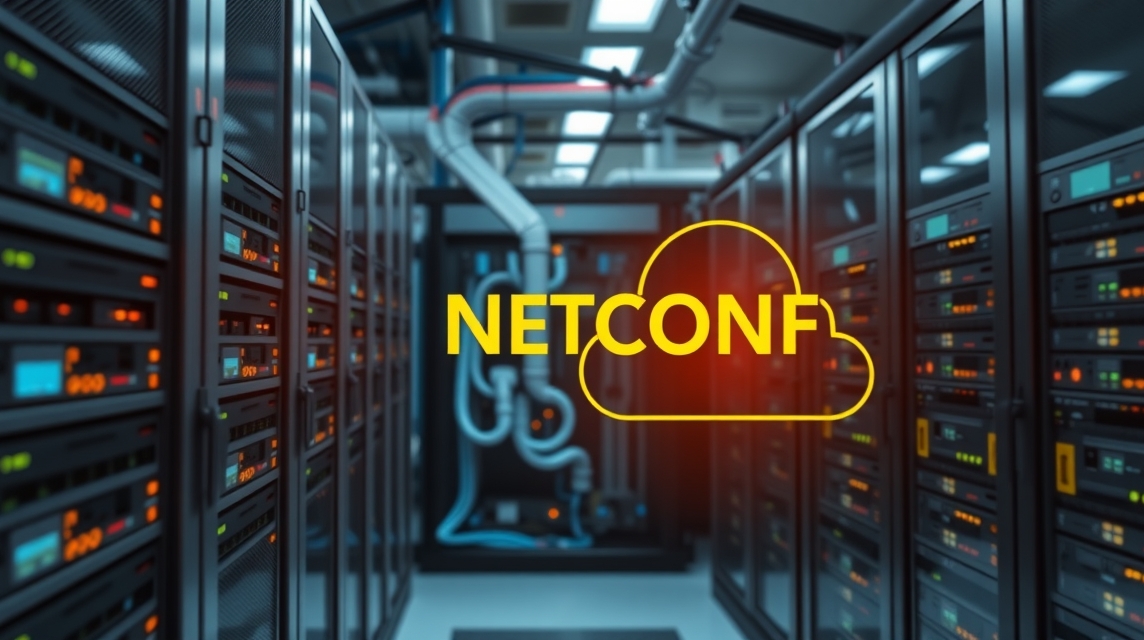 Moderné servery s označením NETCONF v dátovom centre s osvetlením.