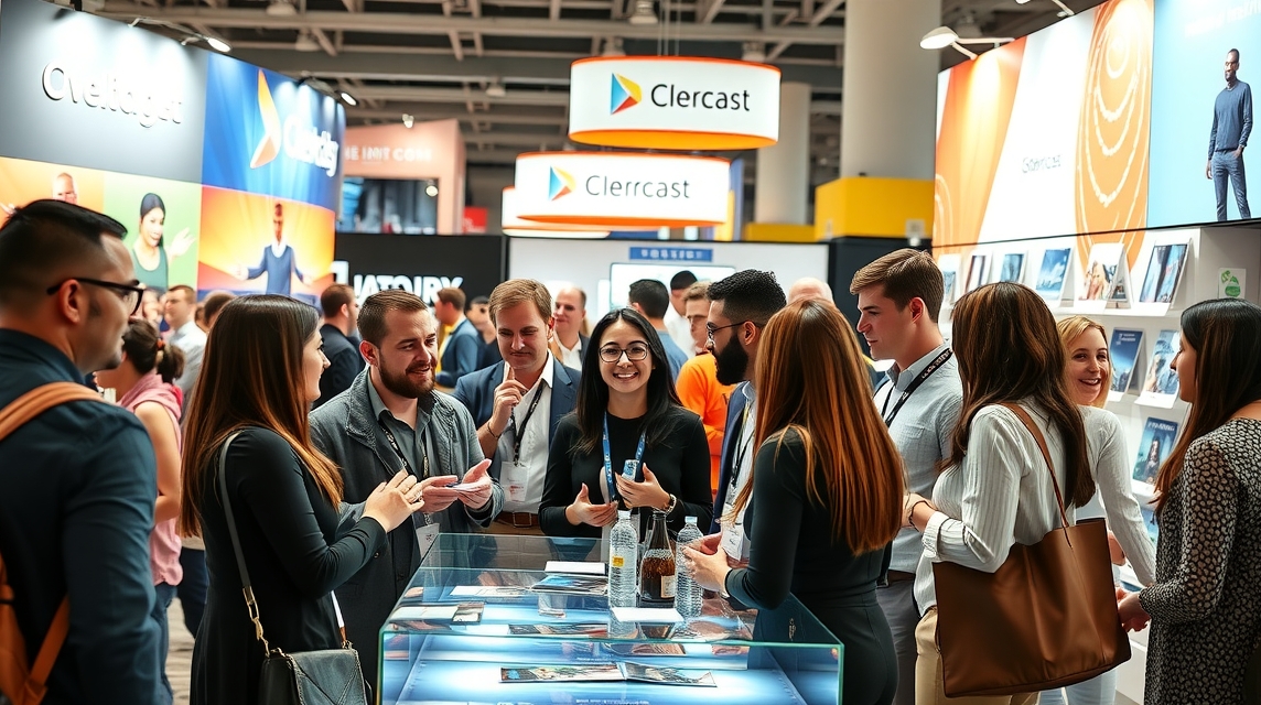 Skupina ľudí diskutuje pri stánku na obchodnej výstave, obklopená reklamami.