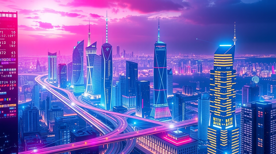 Nočná panoráma moderného mesta s osvetlenými mrakodrapmi a dopravou.