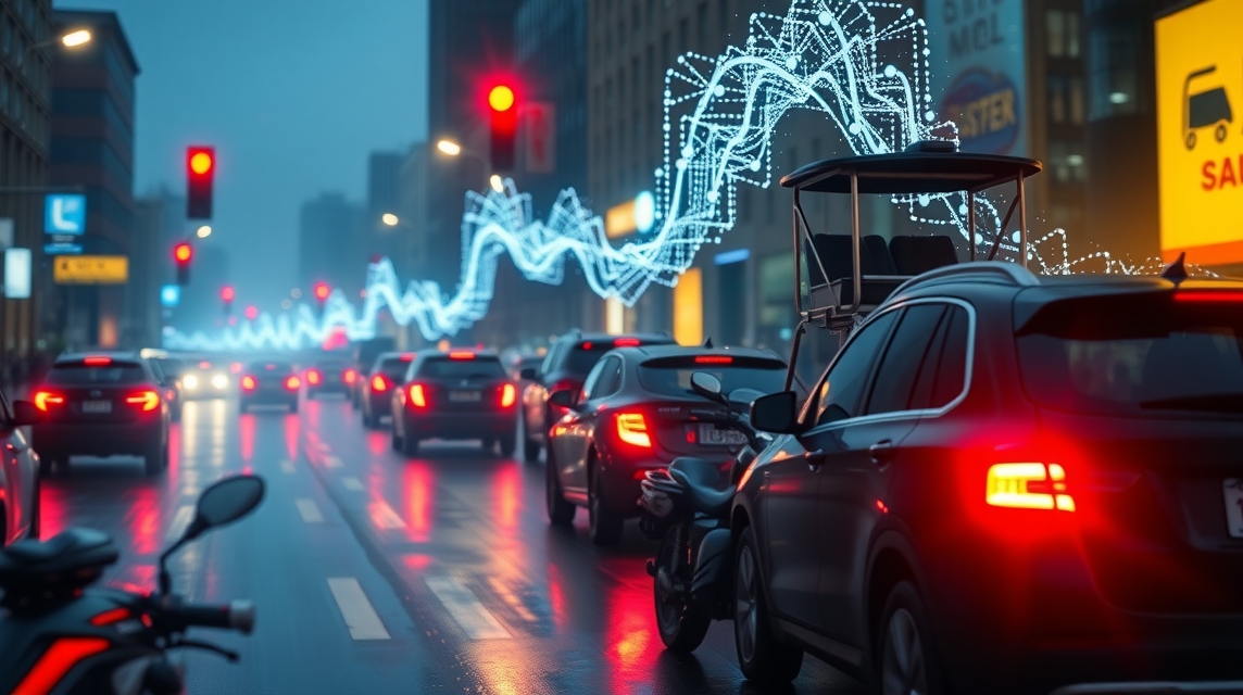 Nočná mestská ulica s autami zastavenými na červenej svetelnej signalizácii.