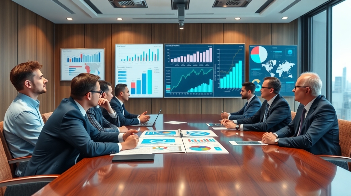 Skupina mužov v oblekoch diskutuje o obchodných grafoch a štatistikách na prezentácii.
