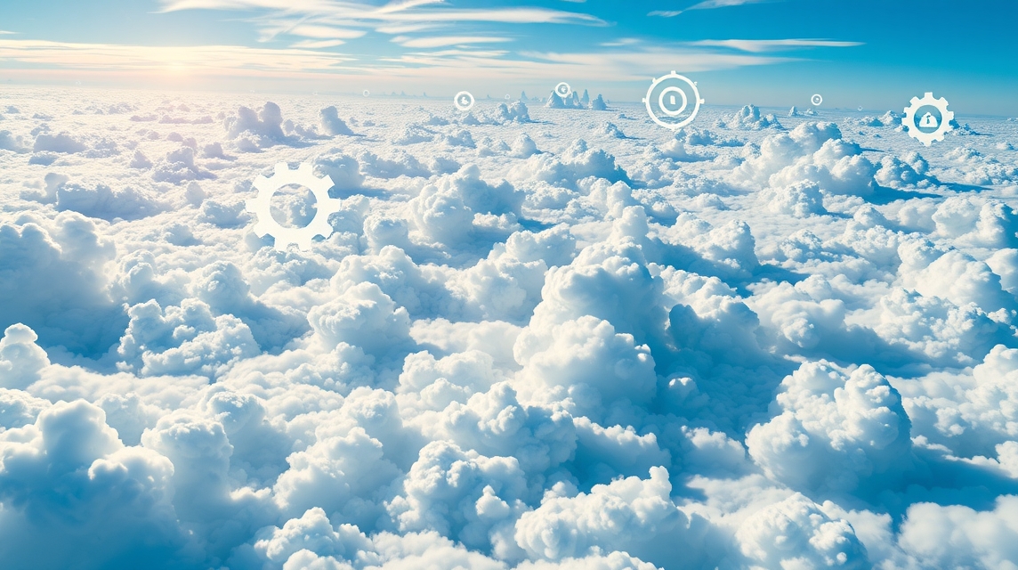 Obrázok ukazuje modrú oblohu s bielymi oblakmi a ikonami ozubených kolies.