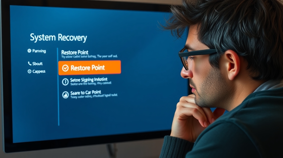 Muž sleduje obrazovku počítača s možnosťou obnovenia systému.