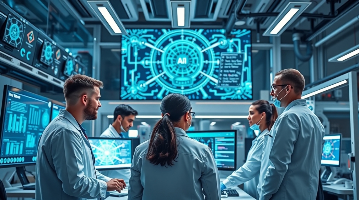 Skupina odborníkov v laboratóriu analyzuje dáta na obrazovkách s technológiou AI.