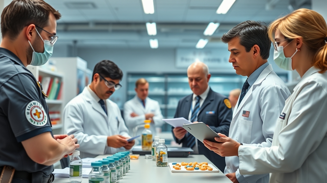 Skupina odborníkov v laboratóriu skúma vzorky liekov a potravín.