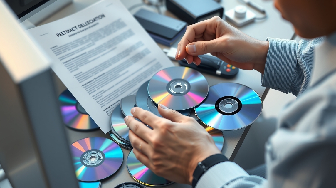 Osoba triedi CD-čka na stole, körülötte papírok és elektronikai eszközök.