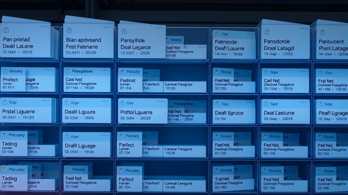 Rôzne kartičky s názvami a číslami usporiadané v priehradkách.