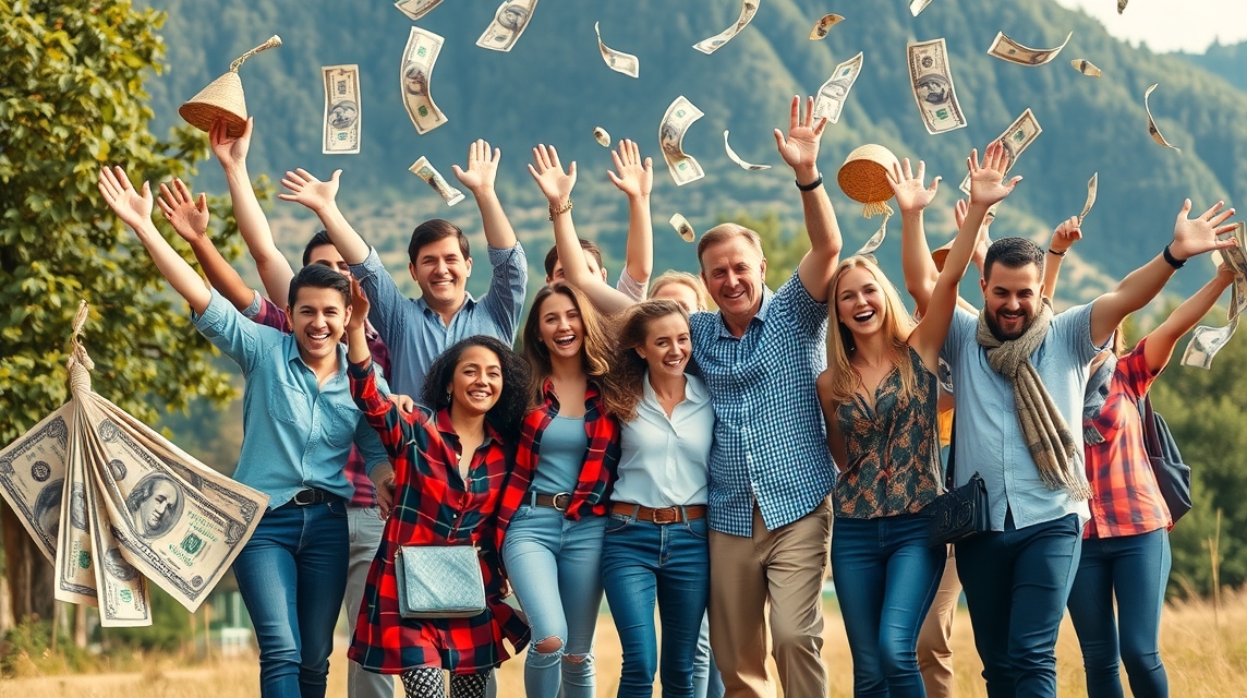 Skupina ľudí oslavuje vonku, zatiaľ čo peniaze padajú zhora.