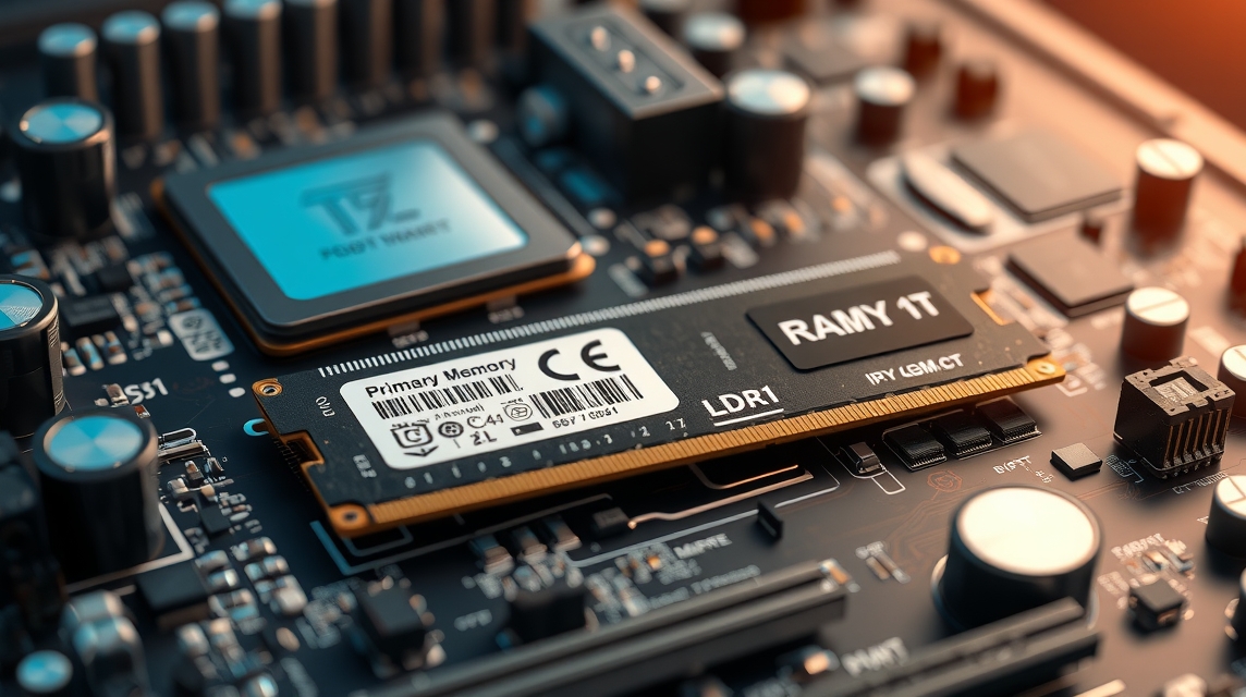 Detailný pohľad na pamäťový modul RAM umiestnený na základnej doske počítača.