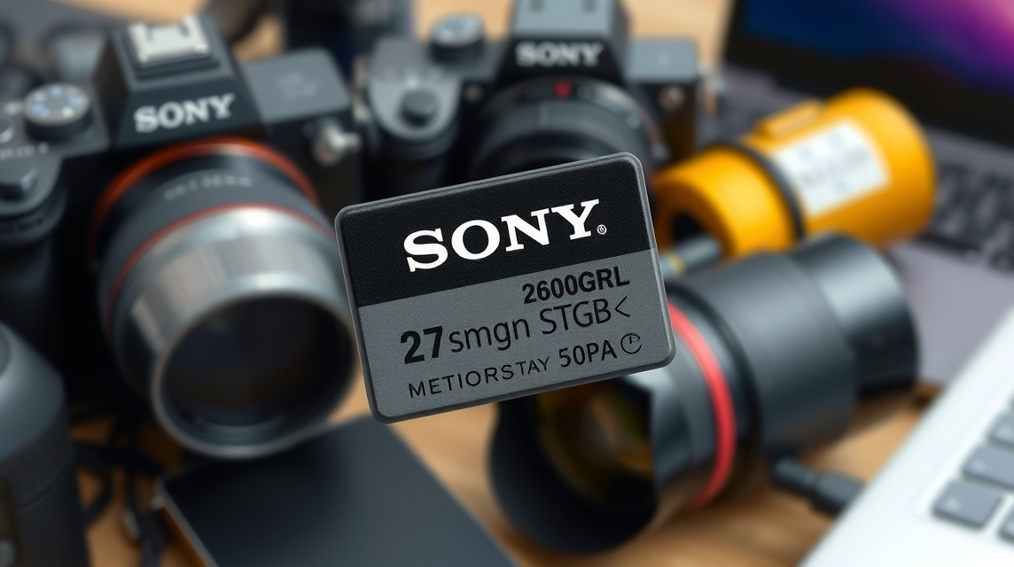 Pamäťová karta Sony s kapacitou 27 GB, obklopená fotoaparátmi a objektívmi.