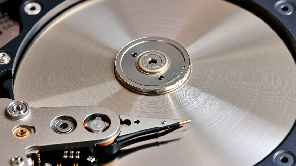 Detailný pohľad na otáčajúci sa disk pevného disku s mechanizmom.