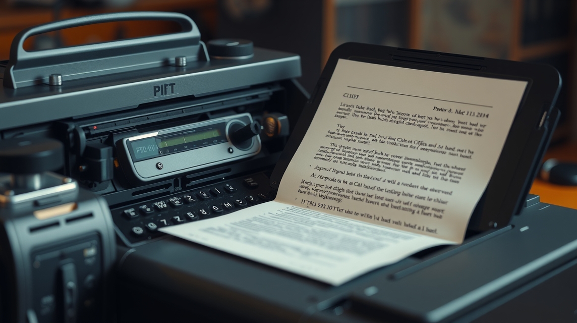 Na stole je písací stroj s dokumentom a digitálnym displejom.