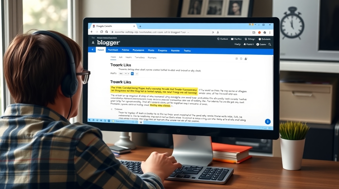 Osoba sedí pred počítačom a píše na blogu, nosí slúchadlá.