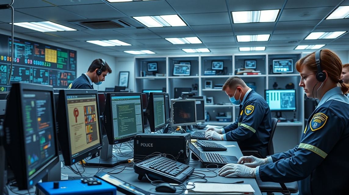 Pracovníci v policajnej centrále monitorujúci počítačové obrazovky.