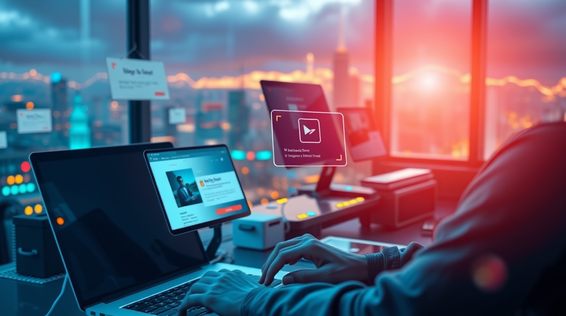 Osoba pracuje na laptopu, digitálny obsah je zobrazený na obrazovke.