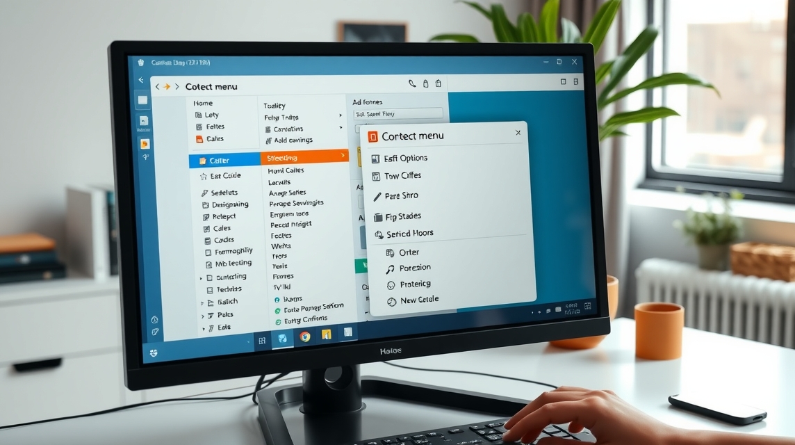 Osoba pracuje na počítači, zobrazené menu s rôznymi možnosťami.