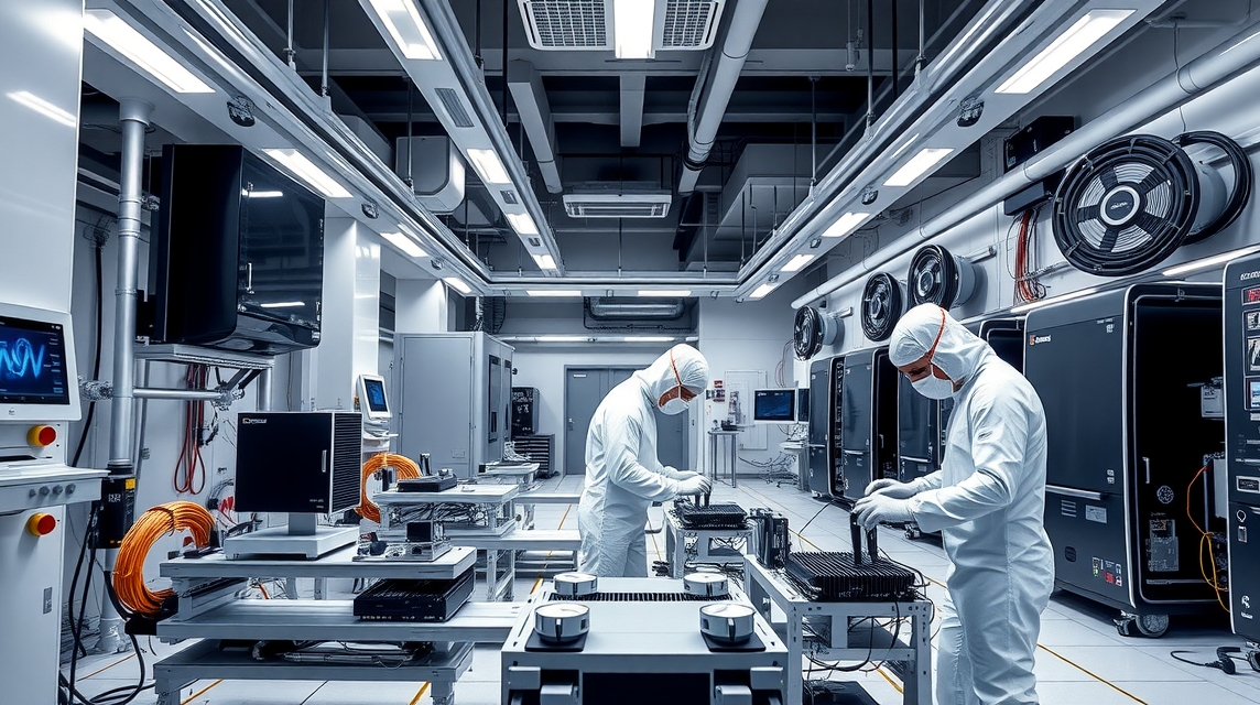 Dva technici v ochranných oblekoch pracujú v čistej miestnosti s technológiou.