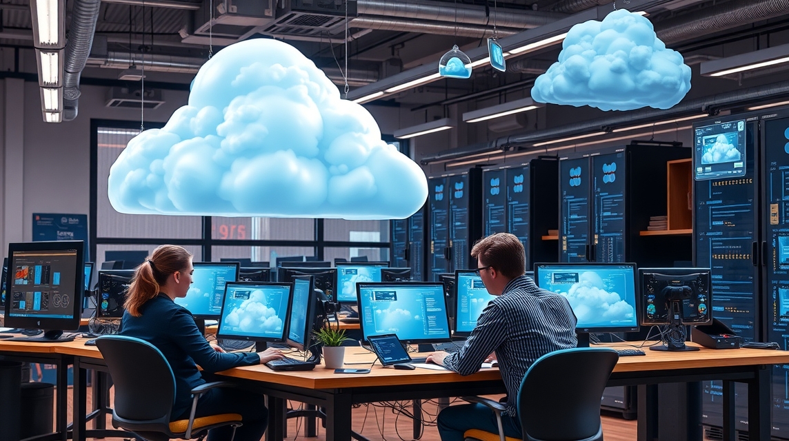 Dva pracovníci v modernom kancelárskom prostredí s počítačmi a digitálnymi cloudovými ikonami.