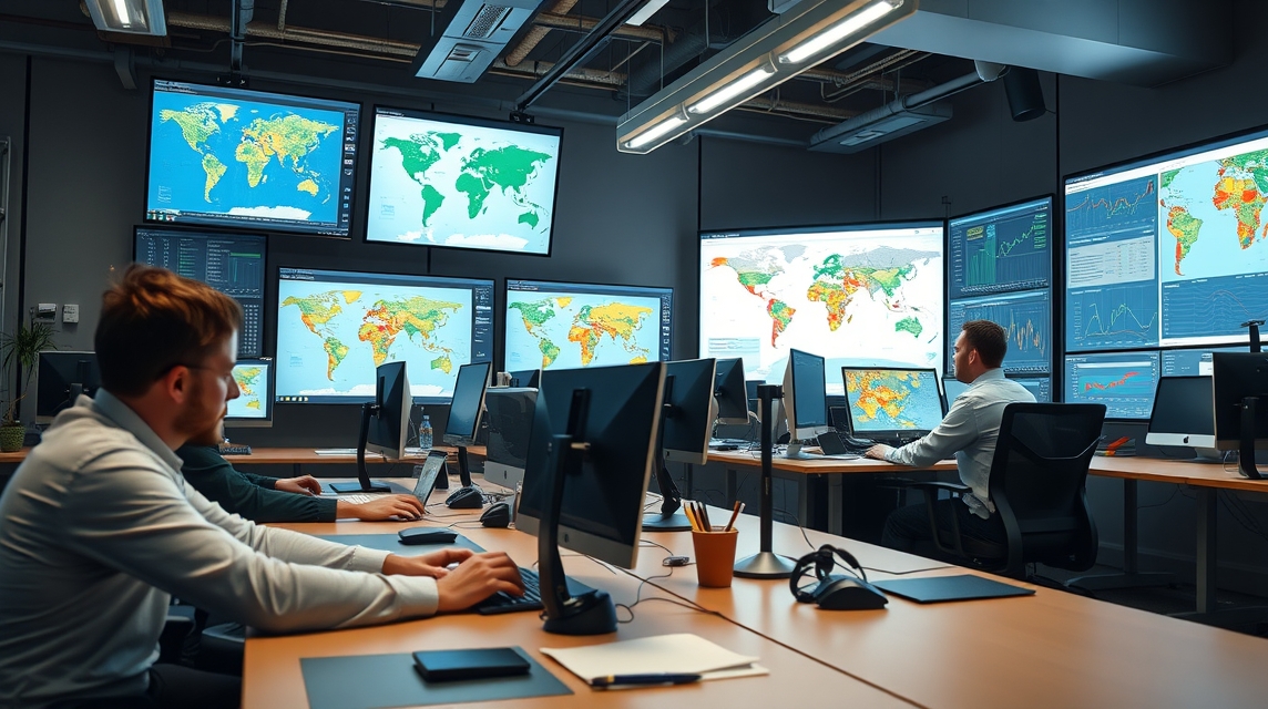 Tím odborníkov pracuje v modernom kancelárskom prostredí s viacerými obrazovkami a mapami.